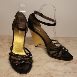 Miu Miu Elegant Black Patent Leather and Gold Wedge Heel Sandals Size 39